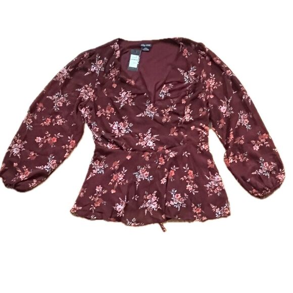 City Chic Tops - City Chic Arianna Peplum Wrap Blouse Top Burgundy Floral Size 18